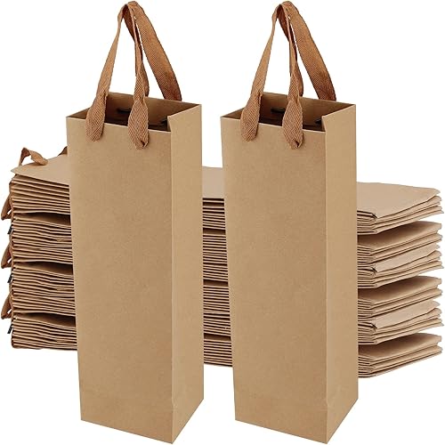 MANCHAP 30 bolsas de papel kraft de 13.8 x 4.3 x 3.5 pulgadas, bolsas para botellas de vino, bolsas de papel marrón con asas, bolsa de transporte de