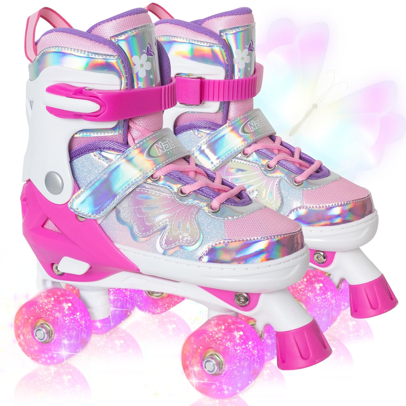 Nattork Kinder Rollschuhe für Mädchen und Jungen, 4 Größen Verstellbar, Vierrad-Rollschuhe mit Schmetterlings- und Blumenmotiv, Geburtstagsgeschenk für Indoor- und Outdoor-Sportarten