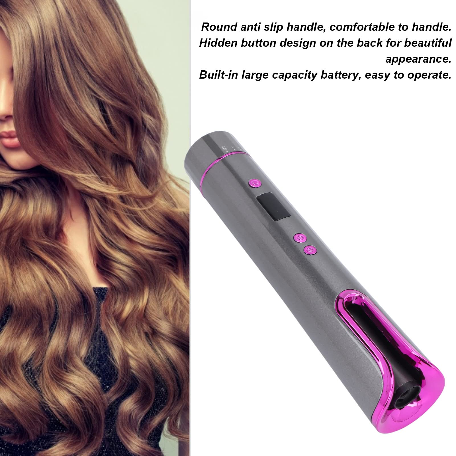 Rizador automático inalámbrico, temperatura ajustable, varita rizadora de barril de cerámica giratoria recargable portátil, calentamiento rápido for peinar el cabello