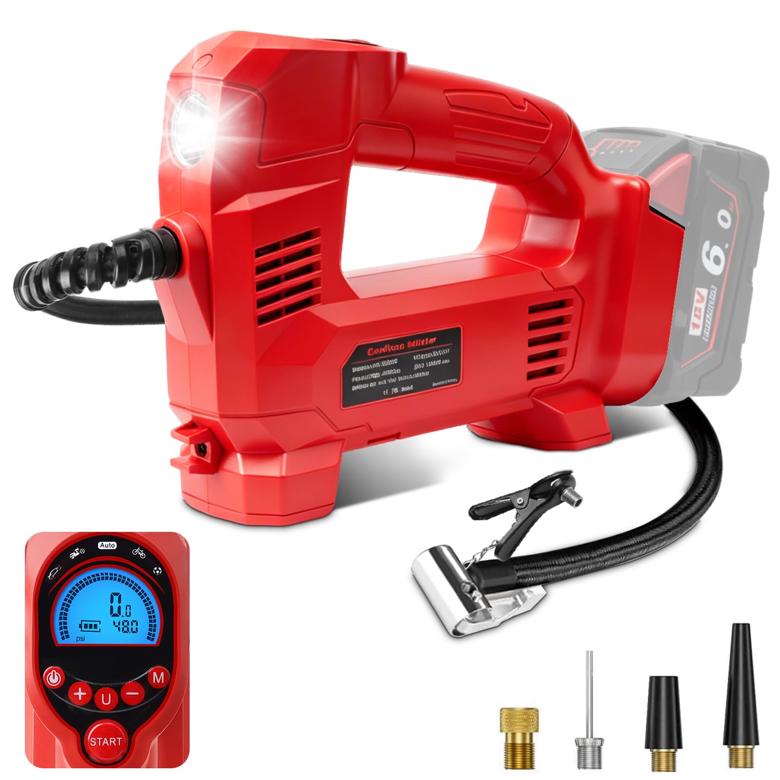 QUPERR Cordless Tyre Inflator Air Compressor Compatible with Milwaukee M18 Battery, 150 PSI Max Pressure, Digital Pressure Gauge, Electric Pump for Cars, Motorcycles, Bicycles and Balls (No Battery)