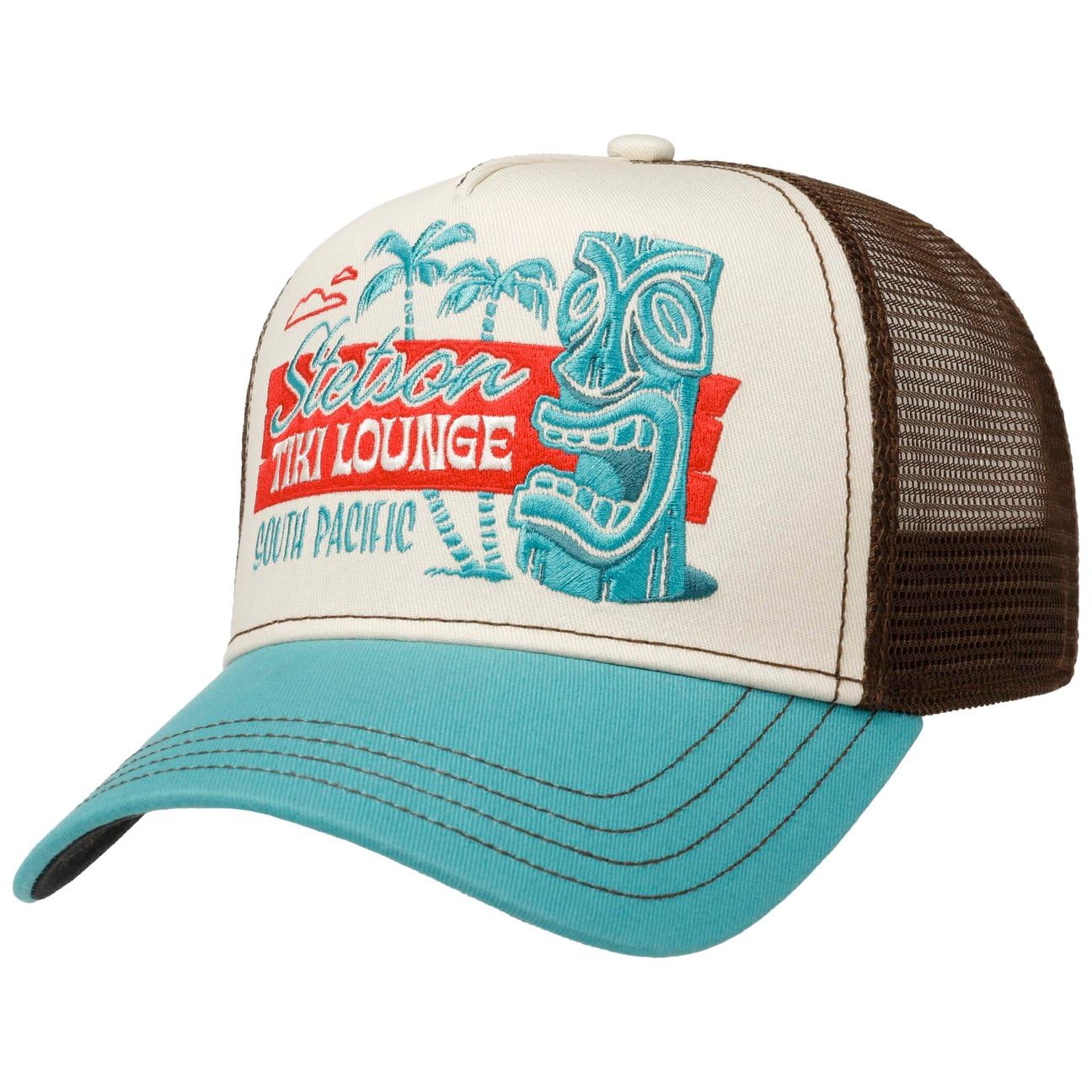 Stetson Tiki Lounge Trucker Cap Curved Brim Snapback Meshcap 100% Cotton Unisex Summer Winter Brown