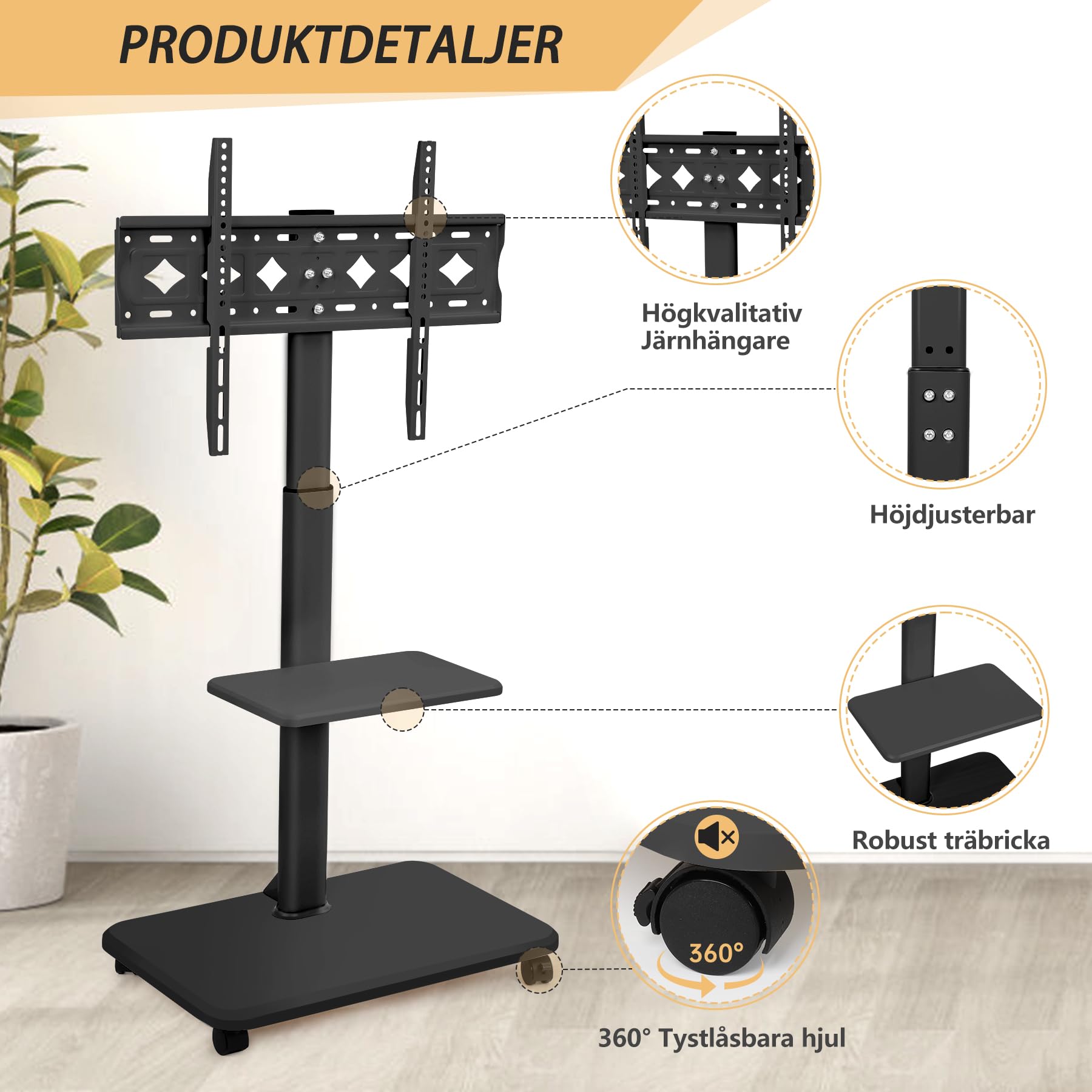 Stojak na kółkach do TV LED OLED o przekątnej 32"-70", płaski, zakrzywiony, do 100Ibs. Regulowana wysokość. Mobilny wózek pod TV z blokowanymi kółkami i półką do sypialni, biura na zewnątrz, czarny