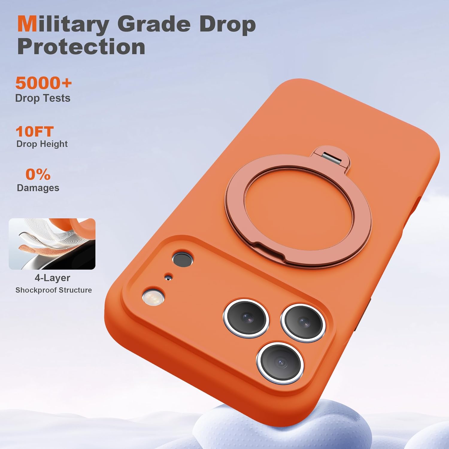 Compatible with iPhone 17 Pro Max Case 6.9'' with 360 Spin Magnetic Ring Stand[Compatible with Mag-Safe] Soft Liquid Silicone 17 Pro Max Case for Men Women,Orange