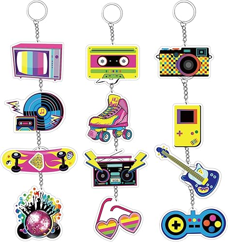 12 llaveros de fiesta de los años 90, regalos de fiesta de hip hop, llaveros de música retro de los años 90, suministros y recuerdos de fiesta