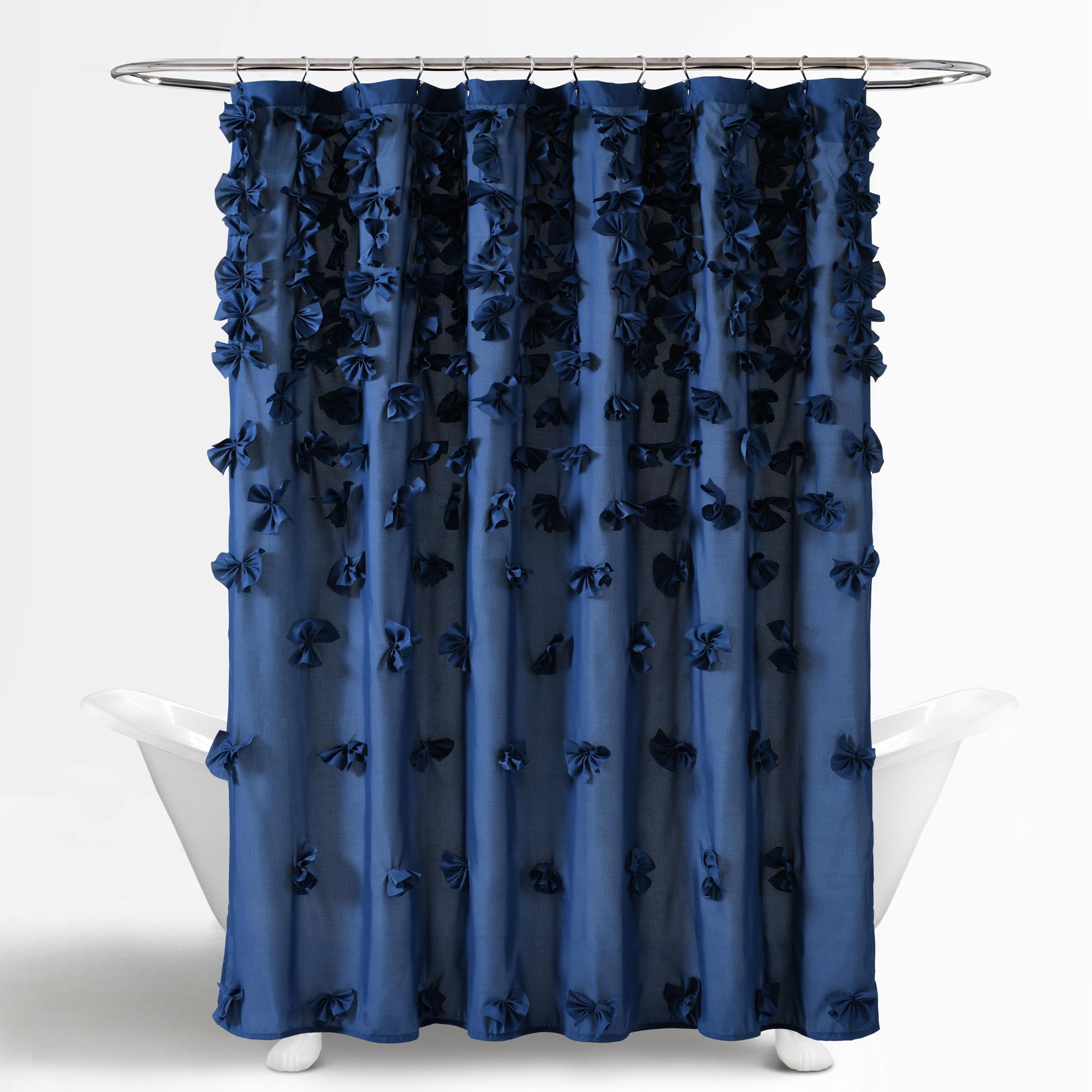 Lush Decor Riley Rideau de Douche, 182,9 cm de Large x 182,9 cm de Long, Bleu Marine – Rideau de Douche de Luxe avec nœuds – Texture Charmante – Accessoire de Salle de Bain Beau et élégant pour Fille