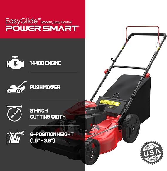 PowerSmart Push Gas Lawn Mower with Bag 21-Inch 144cc Engine 3-in-1 DB2321 2024 Version