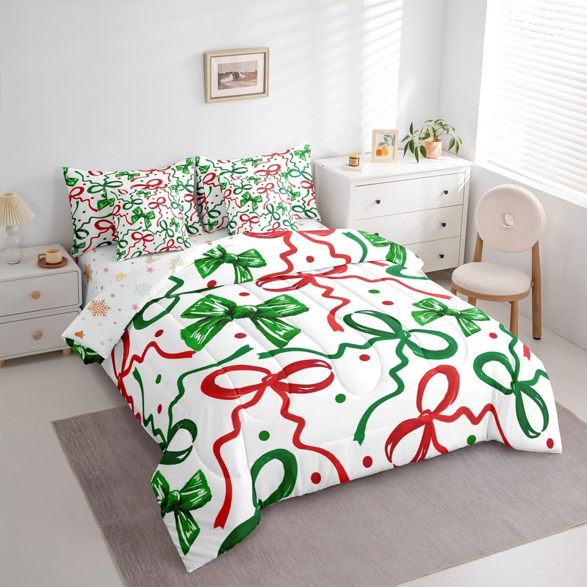Erosebridal Green Red Ribbon Bow Twin Bedding Set 7 Piece Xmas Coquette Bed in A Bag with Sheets Christmas Style Comforter Set for Kids Adults,Polka Dots Bed Sets
