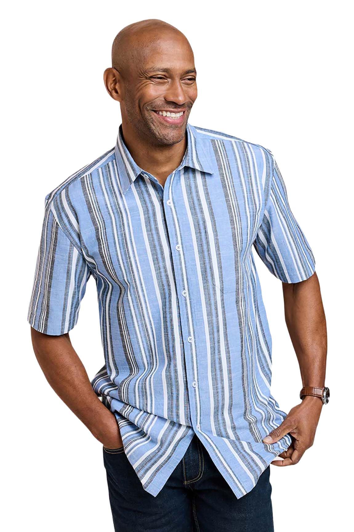 Pegasus Men's Short Sleeve Stripe Shirt – 100% Cotton, Yarn Dyed, Chest Pocket, Comfort Fit, Sizes M-4XL Blue 3XL