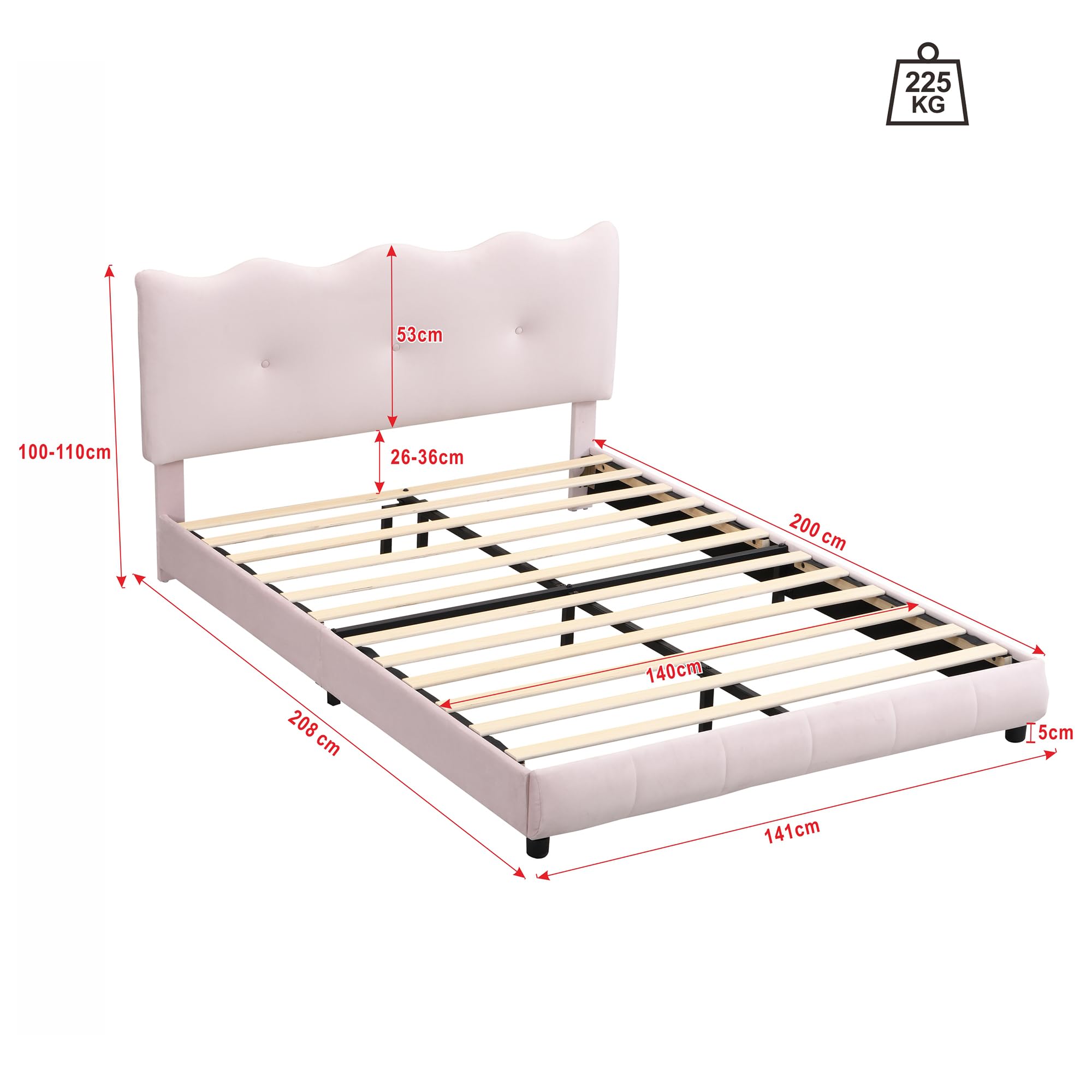 Letto Imbottito IDEMON 140x200 Cm, Con Testiera In Velluto E Rete A Doghe (senza Materasso), Stile Minimalista - Colore Rosa
