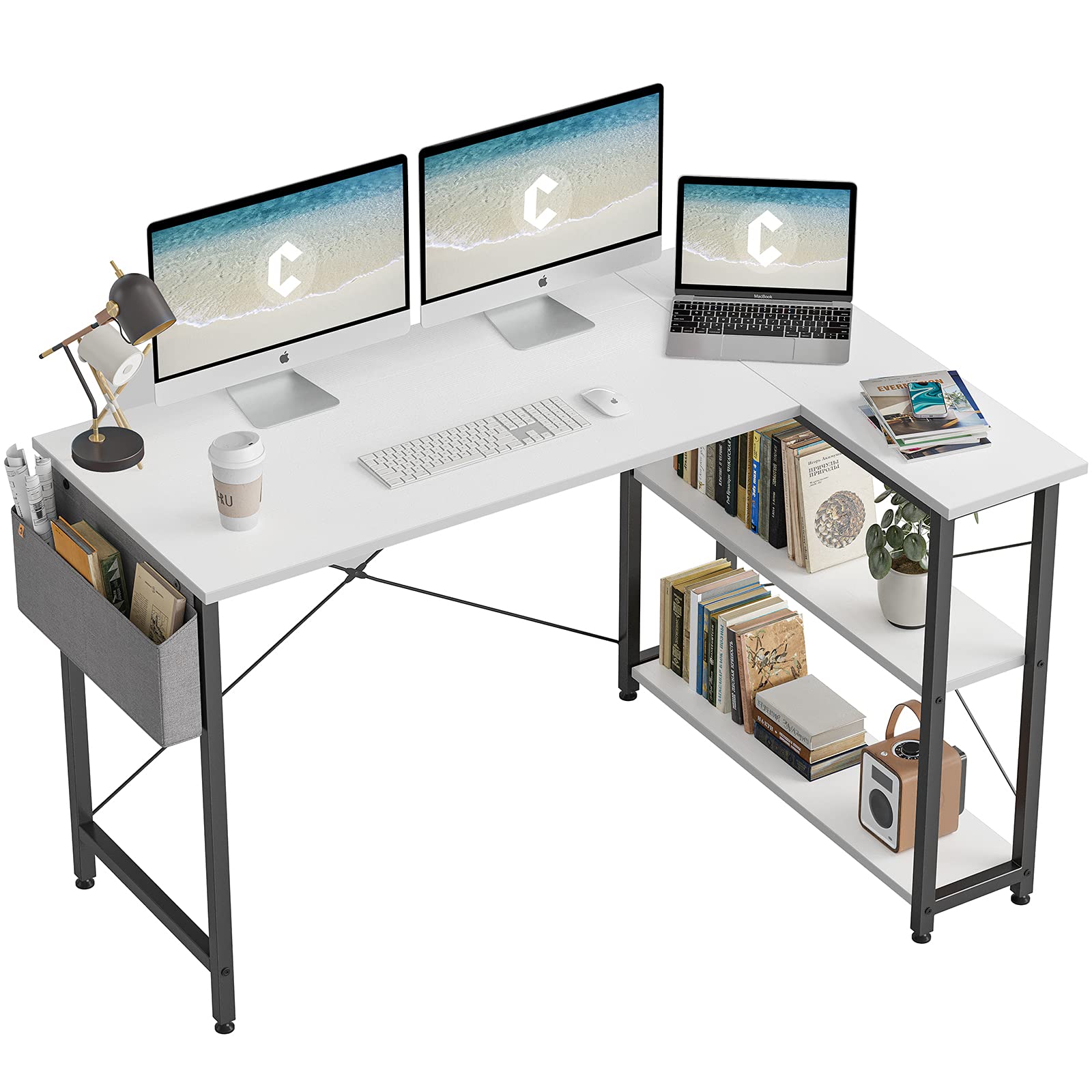 CubiCubiL Shaped Desk, 55 Inch Computer Desk with Reversible Storage Shelves Home Office Corner Desk Study Writing Table, White Top/Black Leg