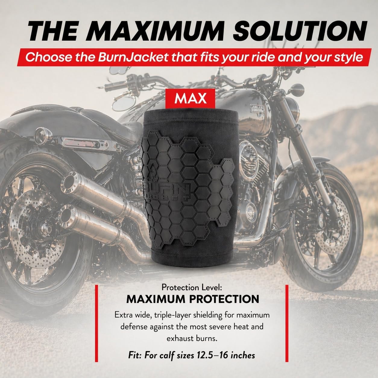 BurnJacket Max – Motorrad-Auspuff-Verbrühungsschutz mit dreischichtigem Schutz, passend für 31,8 cm bis 40,6 cm Wadenlänge, Hitzeschild für Beine