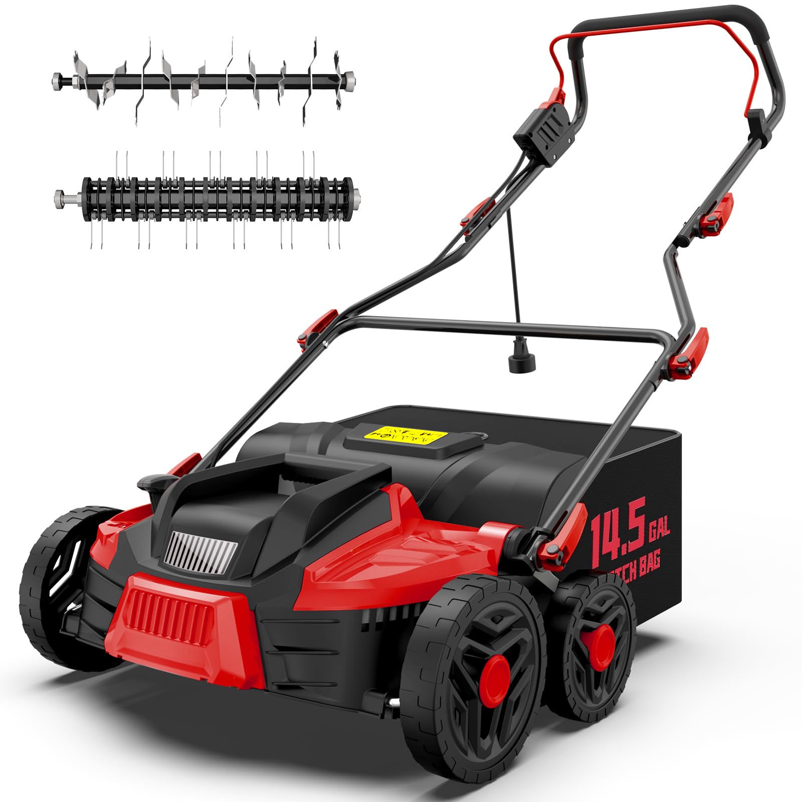 (used) tiectown 16-inch 15.5 amp 2-in-1 electric dethatcher and scarifier with 14.5-gallon collection bag, lawn dethatcher with 5-position depth adjustment, blade replacement without tool - red