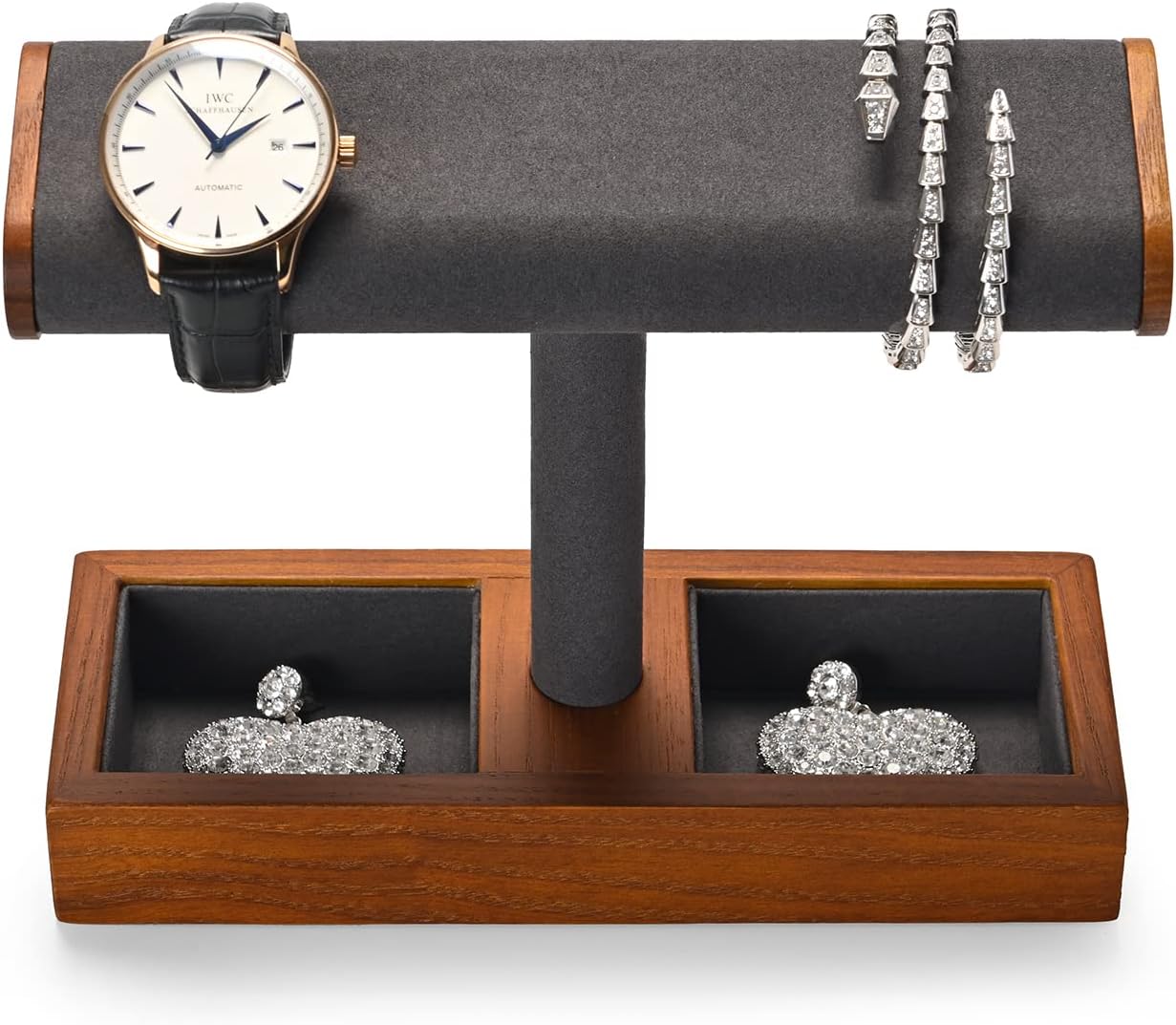 Oirlv Luxury T-Shaped Watch Storage Stand Wooden Base with Soft Fabric Top Organiser for Watches, Rings & Necklaces