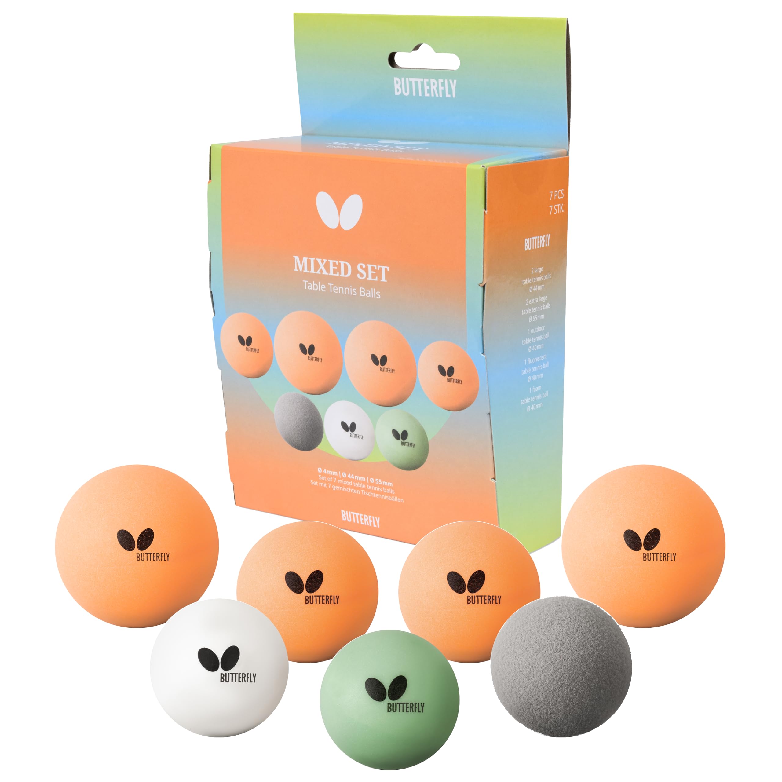 Butterfly Mixed Coloured Ping Pong Balls Set – 7-Pack Table Tennis Balls (Whisper, Glowing, Outdoor, Large & Jumbo Balls) for Fun, Training & Versatile Play