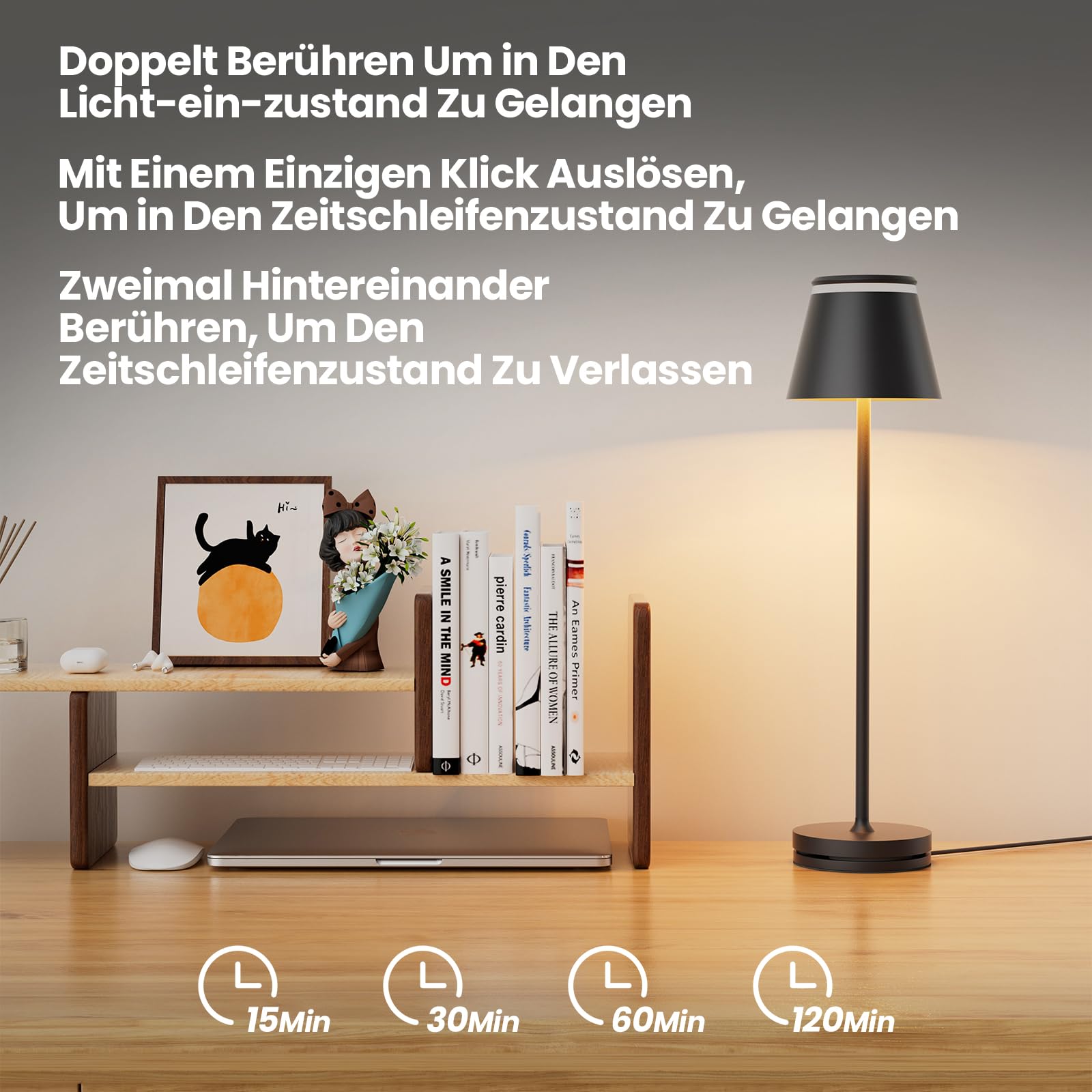 Neoglint Wiederaufladbare kabellose LED-Tischlampe, Nachttischlampe mit kabelloser Ladestation und Fernbedienung, Touch-Schreibtischlampe im modernen Design mit Timer – Schwarz