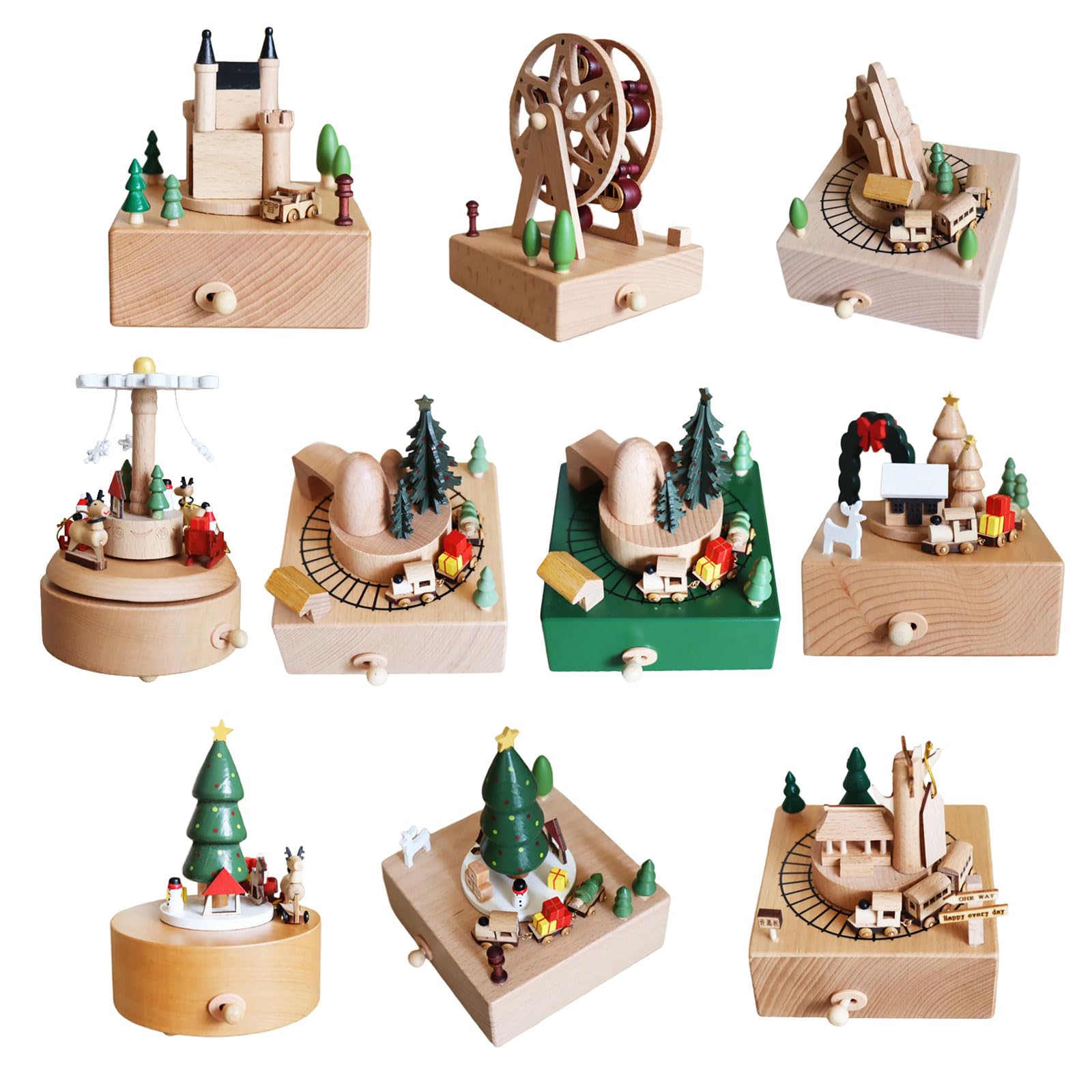 Hand Wood Music Box con treno rotante, regalo di compleanno, ornamento a forma di cartone animato, decorazione per la casa, tablet