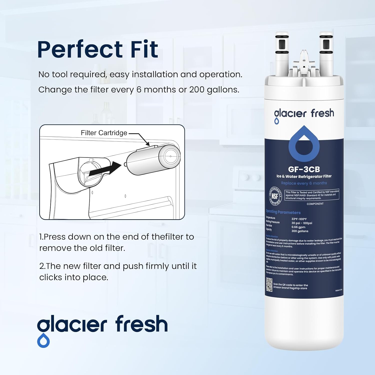 GLACIER FRESH WF3CB Refrigerator Water Filter Replacement for PureSource 3, 706465, WF425, PS3412266, AP4567491, 242017800 Refrigerator Water Filter, Pack of 3
