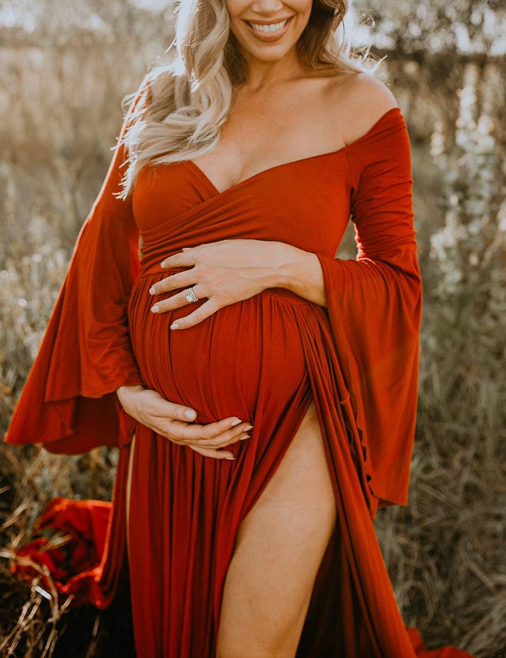 VSNOW Maternity Dress for Photoshoot Off Shoulder Drop Sleeve Photo Prop Dress Split Gown Maxi Photography Dresses