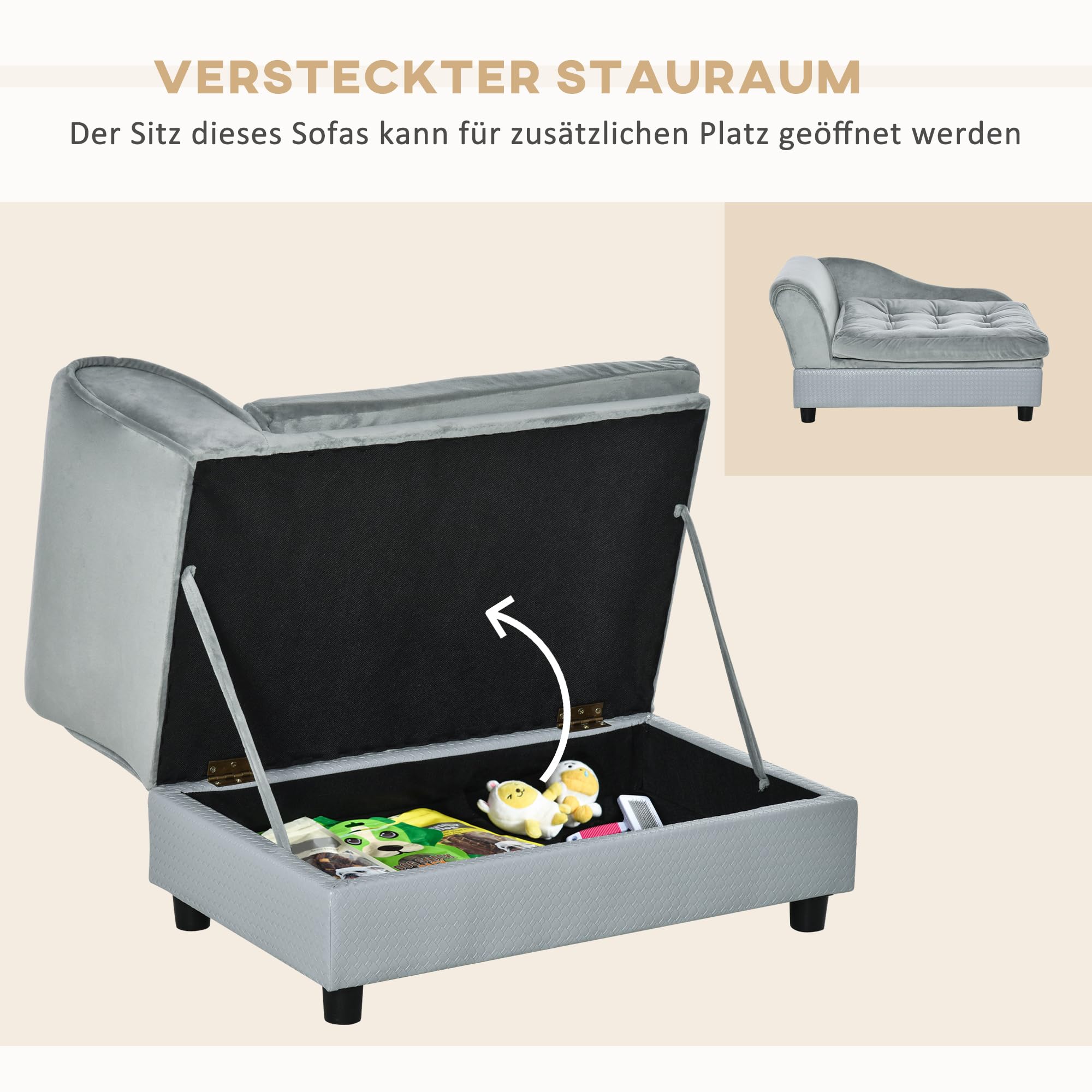 PawHut Hundesofa Hundebett Hundecouch aus Plüsch mit Lagerraum, Rückenlehne, Kissen Katzensofa für kleine Hunde 76 x 45 x 43 cm Hellgrau