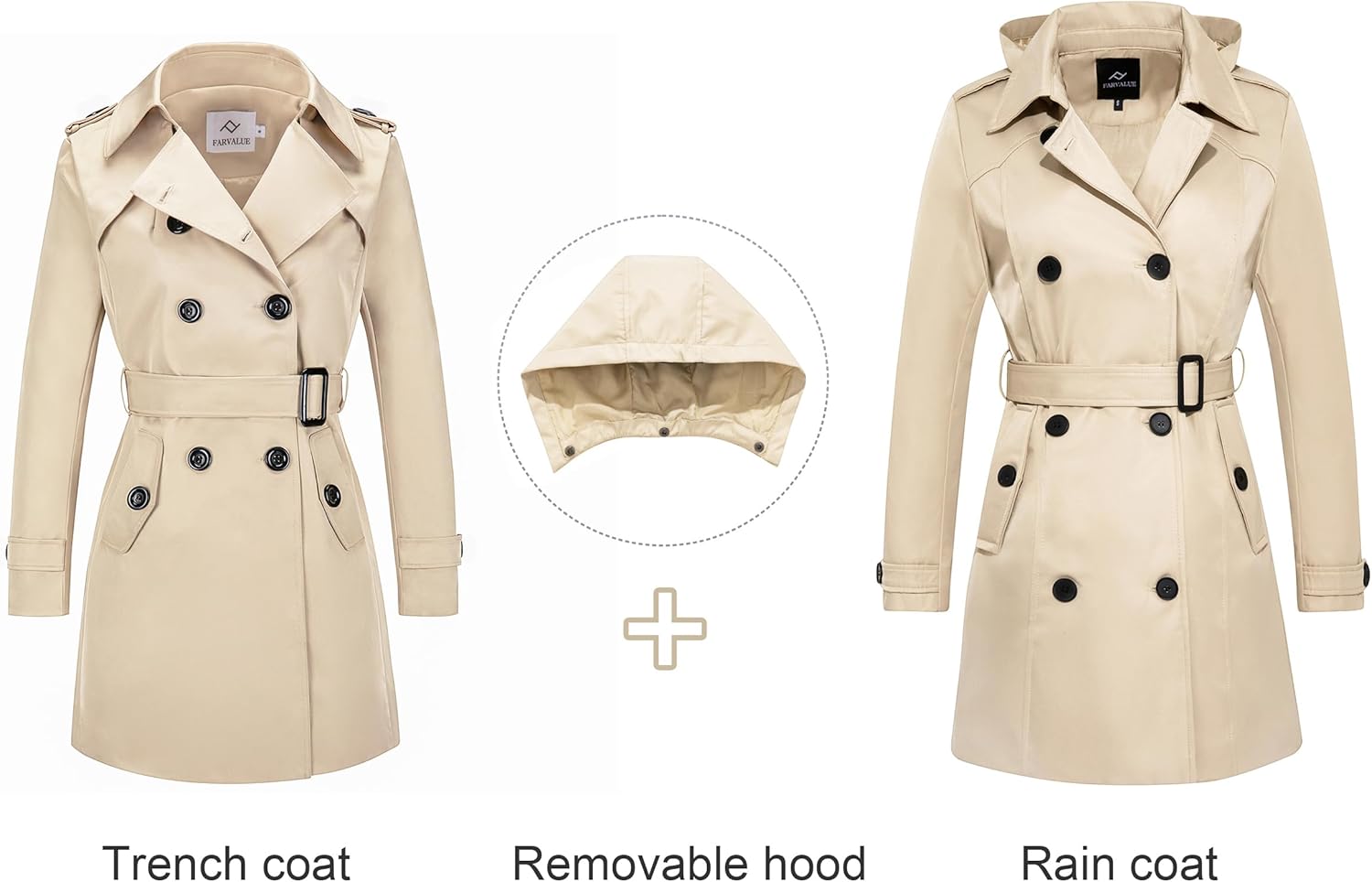 FARVALUE Women's Waterproof Trench Coat Double Breasted Windbreaker Classic Belted Lapel Overcoat with Removable Hood - Image 3
