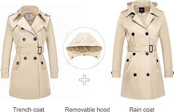 FARVALUE Women's Waterproof Trench Coat Double Breasted Windbreaker Classic Belted Lapel Overcoat with Removable Hood