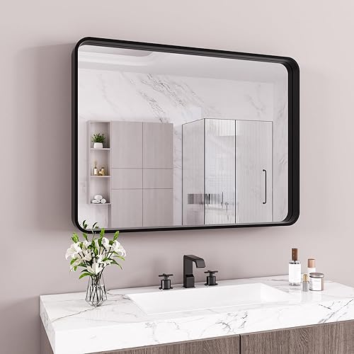Miniatura 175 de Espejo de baño dorado, 48 x 30 pulgadas, espejo de marco de metal dorado cepillado para pared, espejo rectangular redondeado de tocador de baño