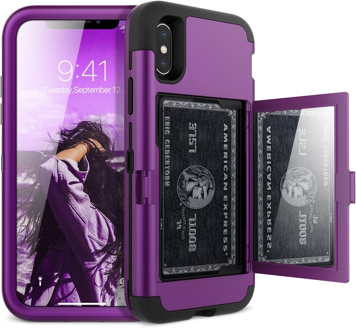 WeLoveCase iPhone X/XS Wallet Case Defender Wallet Design with Hidden Back Mirror and Card Holder 3 in 1 Hybrid Heavy Duty Protection Shockproof Armor Protective Case for iPhone X/XS - Purple