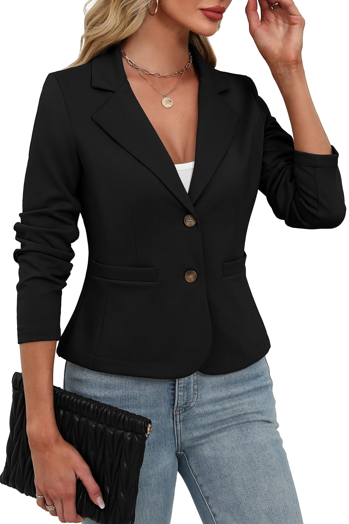 ELLEVEN Womens Casual Stretchy Knit Blazer Lightweight Slim Fit Jackets Long Sleeve Business Suit with Pockets