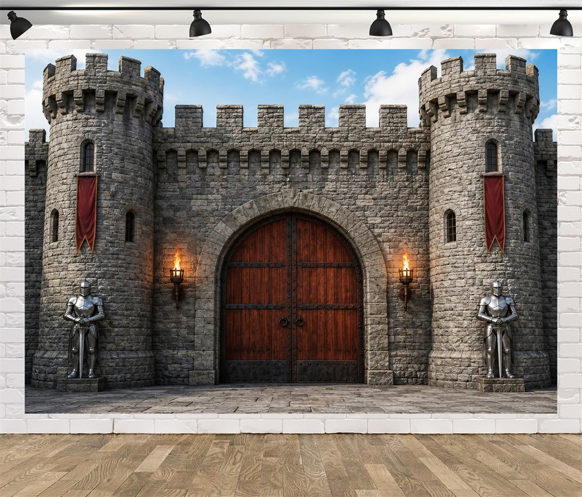 BELECO 3.6x3m Sfondo in tessuto Castello Medievale in Pietra | Muro Castello Fortezza Armature Cavalieri Torce Fiammanti Porta In Legno Sfondo Medievale Telo Di Sfondo