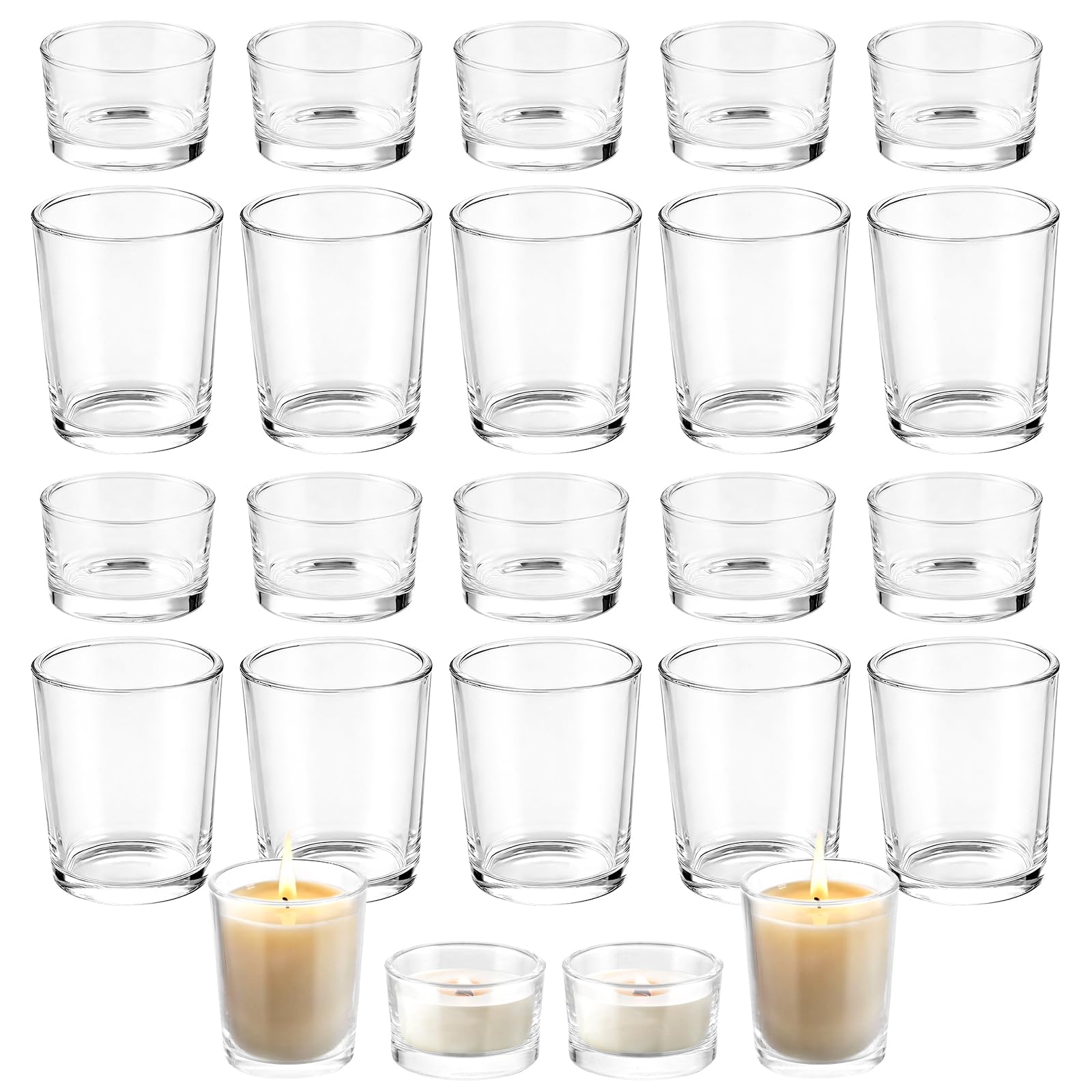 JMIATRY 24 Piezas Portavelas Cristal Transparente 2 Tamaños Vasos para Velas 5,2x3,4 cm y 5,6x6,7 cm Portavelas de Vidrio para Hacer Velas, Decoracion, Eventos