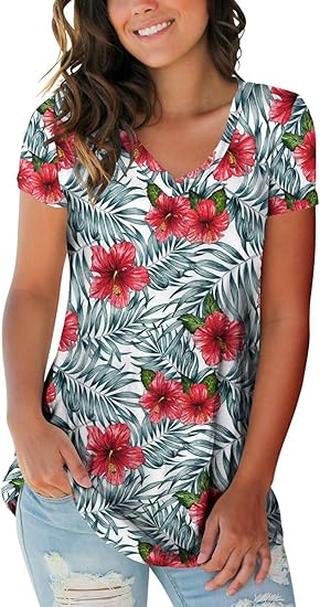 SAMPEEL Womens Summer Tops Floral Tees Short Sleeve Tunic V Neck T Shirts