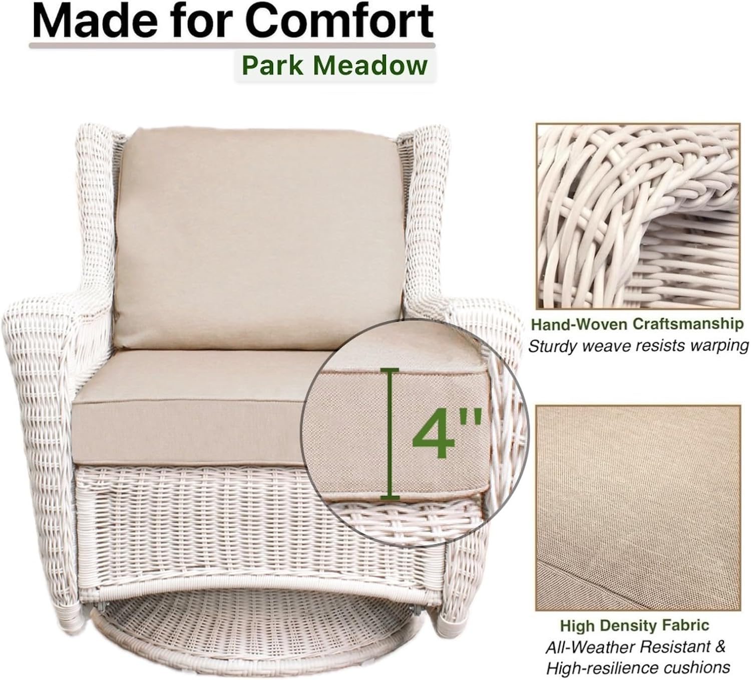 4-Piece Wicker Patio Conversation Set - Hand-Woven HDPE Rattan Swivel Rocker Outdoor Chair with Loveseat & Coffee Table, All-Weather Outdoor Furniture Set for Backyard, Porch, Deck (Beige/Off-White)