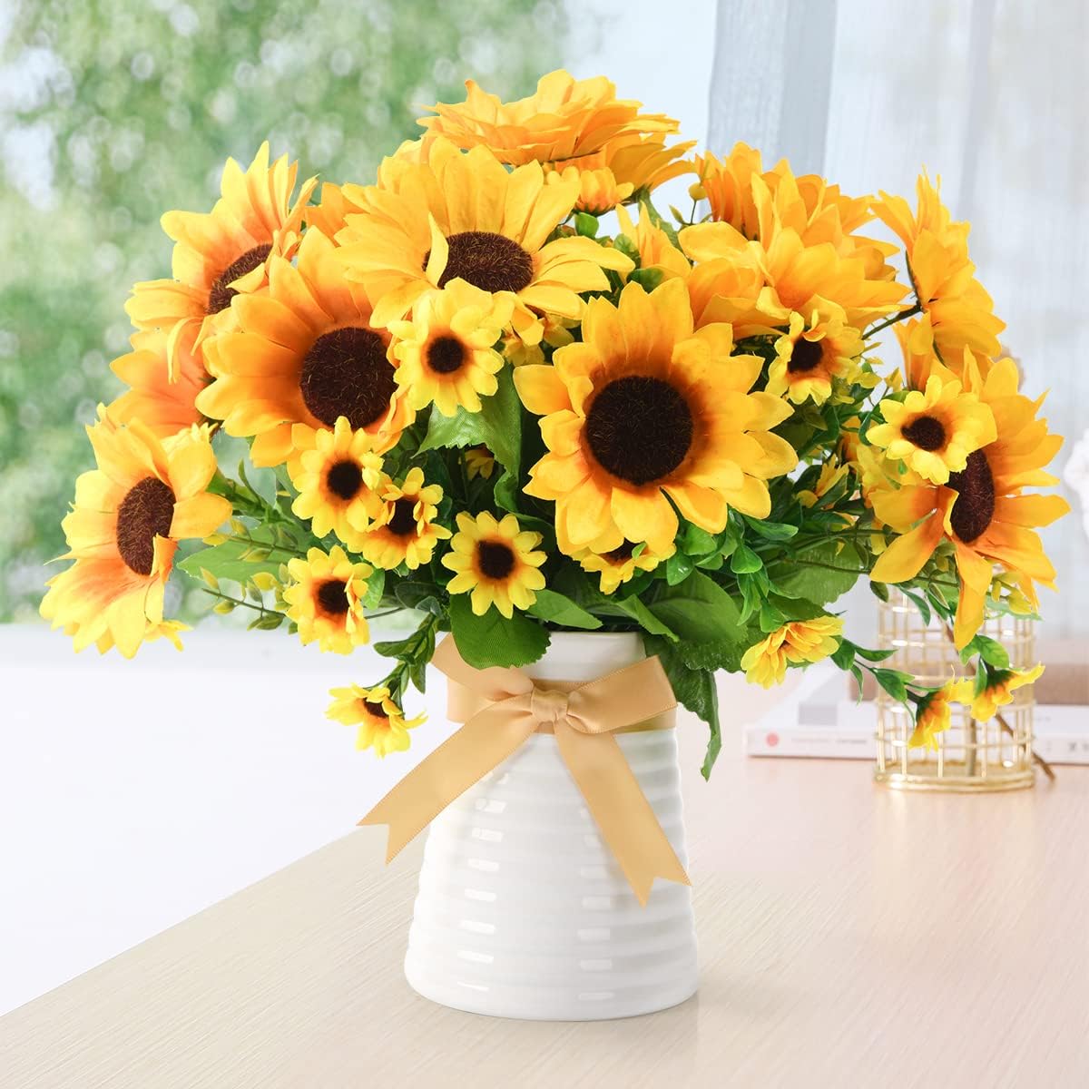 INQCMY Artificial Sunflowers with Vase,Silk Flower