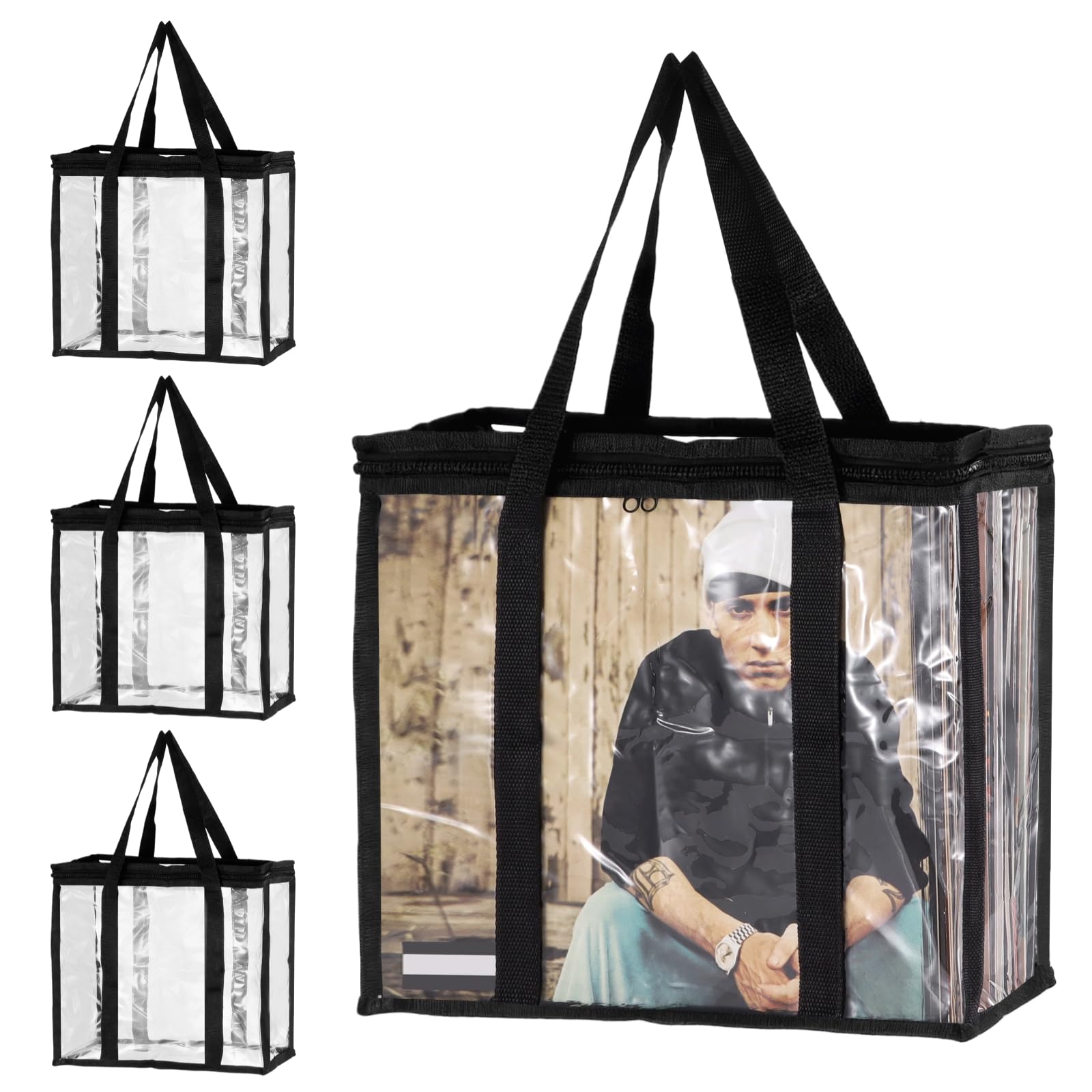YOFAPA 4 Pcs Clear Vinyl Record Storage Bags, 13 x 5 x 12.5 in PVC Tote Bags, Record Storage Bag with Zipper