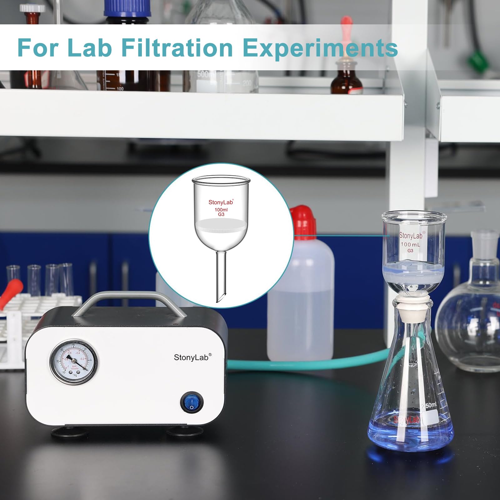 StonyLab Borosilicate Glass Embudo de Filtración Buchner con Frita Fina(G3) Buchner Funnel, Diámetro del Disco de 113mm, Profundidad de 100mm (1L)