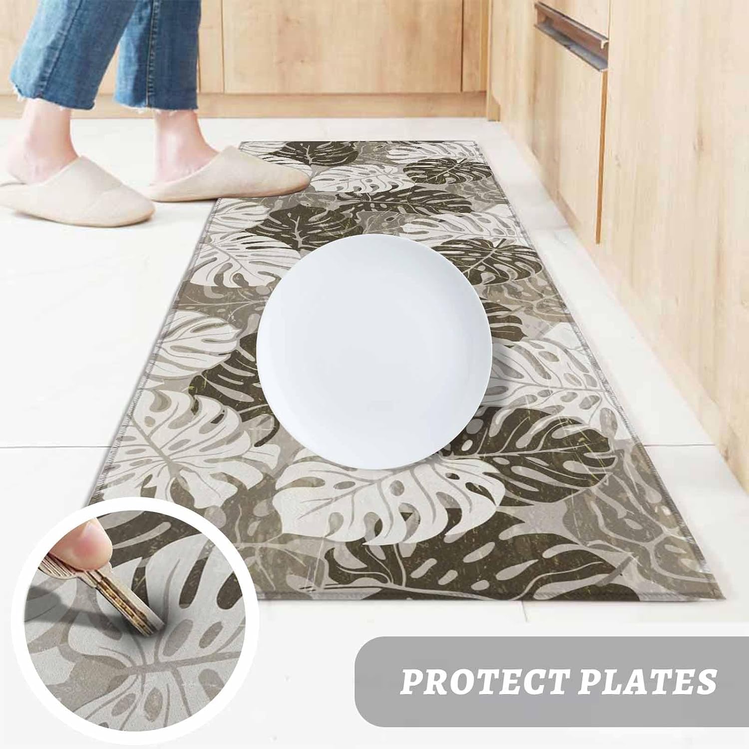 Teamery Kitchen Mats for Floor Summer Monstera Leaf Brown Washable Non Slip Kitchen Rugs 1PCS, Abstract Country Botanical Absorbent Standing Mats for Sink Bathroom Office Living Room 23.6x70.9in