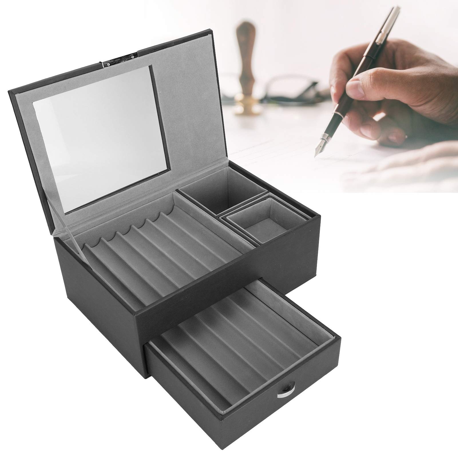 Scatola porta penne a doppio strato, astuccio per penne stilografiche in pelle PU, organizer per collezione di penne (Nera)