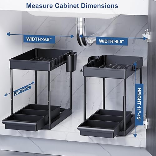 Miniatura 5 de Organizador para debajo del fregadero, 1 paquete de almacenamiento debajo del gabinete de altura ajustable para baño, cocina, suministros de