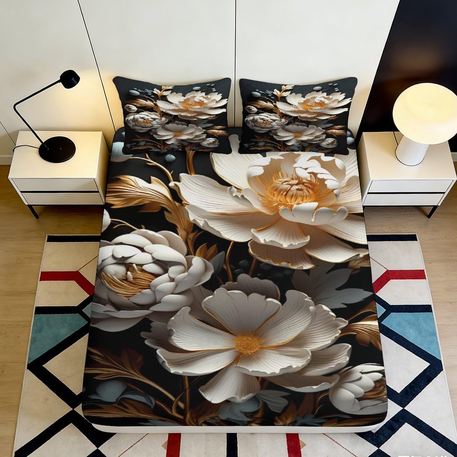 3D Printed Golden Peony Fitted Sheet Microfiber Soft Floral Art Mattress Cover Bedroom Guest Room Decor 90x200x25cm
