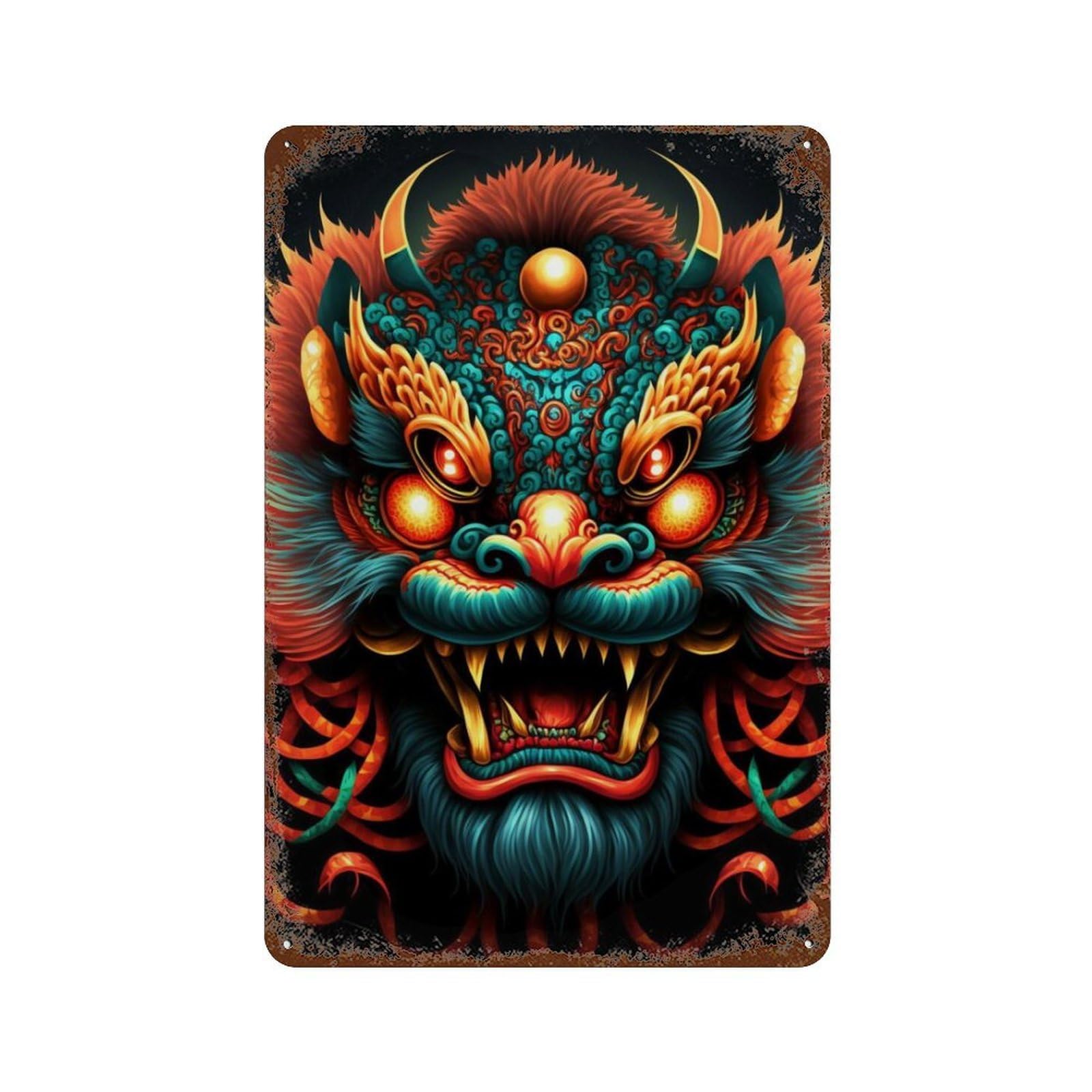 Rust Effect Chinese Mythical Creature Art Print Distressed Metal Wall Sign 11.8"x7.9", Farmhouse Wall Decor for Office, Studio And Wall Decor