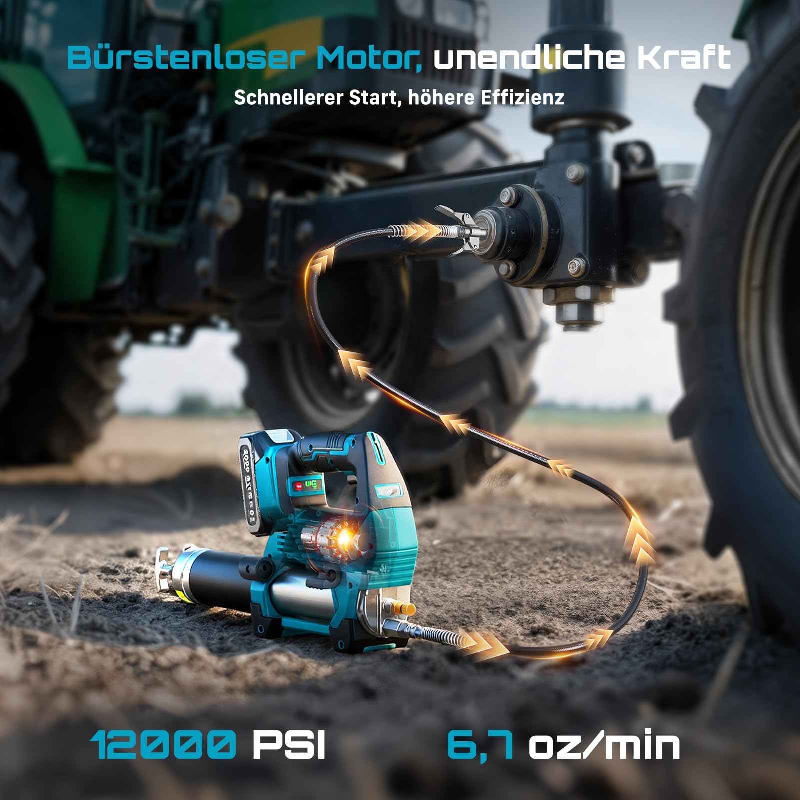Seesii 12000PSI Akku Fettpresse Set mit 2 Akkus (und kompatibel mit Makita 18V Akku), 3 Geschwindigkeiten, Bürstenlosem Motor, 3 Mundstück, 1m langem Schlauch, 90-Grad-Adapter und LED-Leuchte
