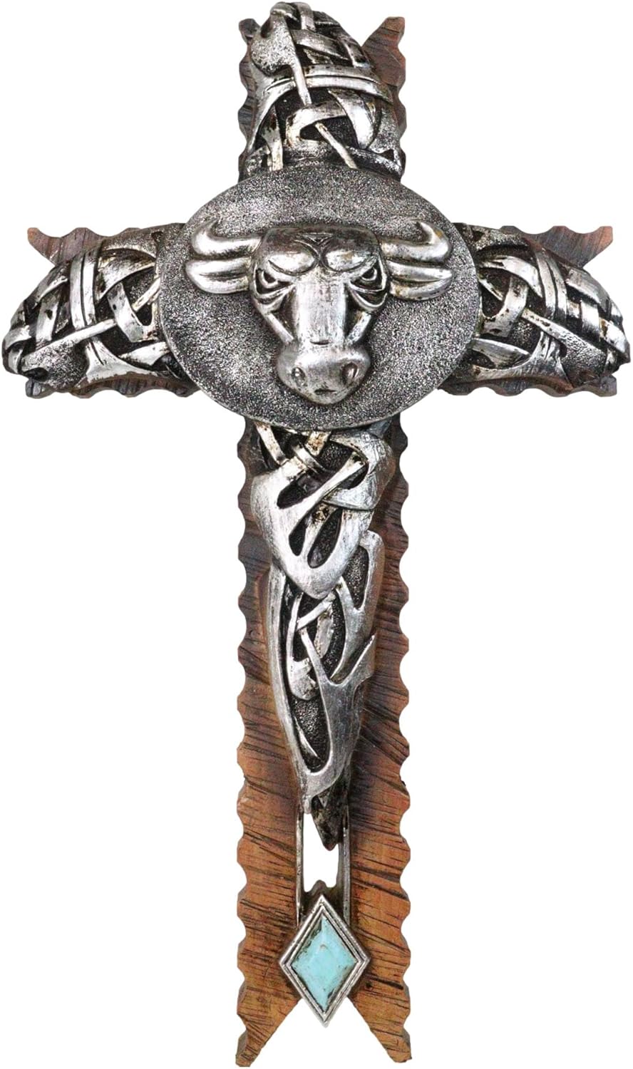 Ebros Gift Rustic Western Cowboy Silver Concho Bull Cow with Tooled Vines Knotwork Faux Wooden Scrollwork Wall Cross Decorative Figurine Christian Faith Inspirational Accent