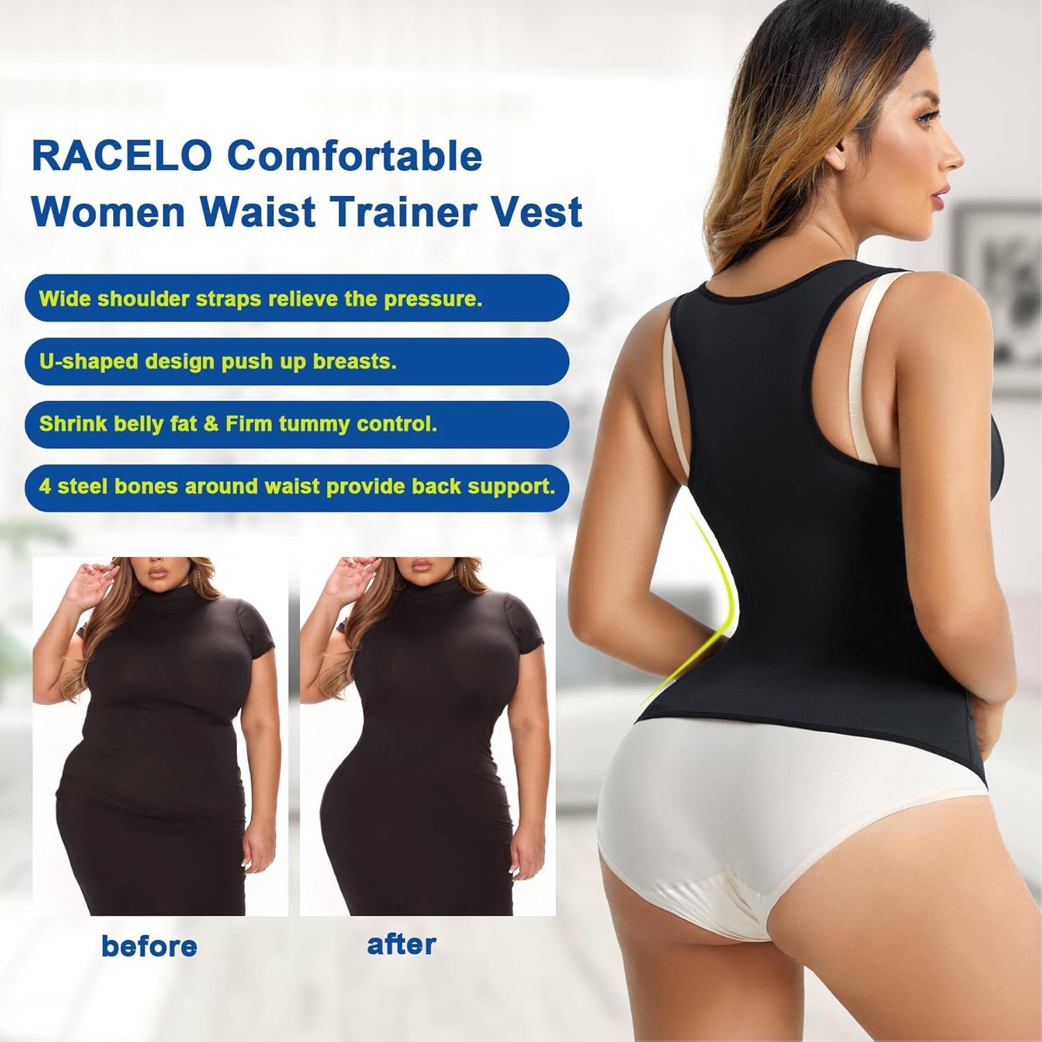 RACELO Waist Trainer Vest for Women Tummy Control Shapewear Waist Cincher Slim Body Shaper Girdle Underbust Corset : Clothing, Shoes & Jewelry
