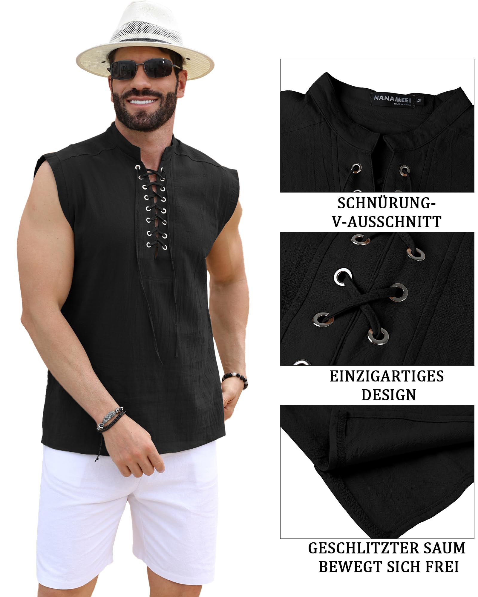 NANAMEEI Camicia da uomo in lino, senza maniche, da spiaggia, estiva, medievale, stile vichingo, con lacci, rinascimentale, viktorian steampunk