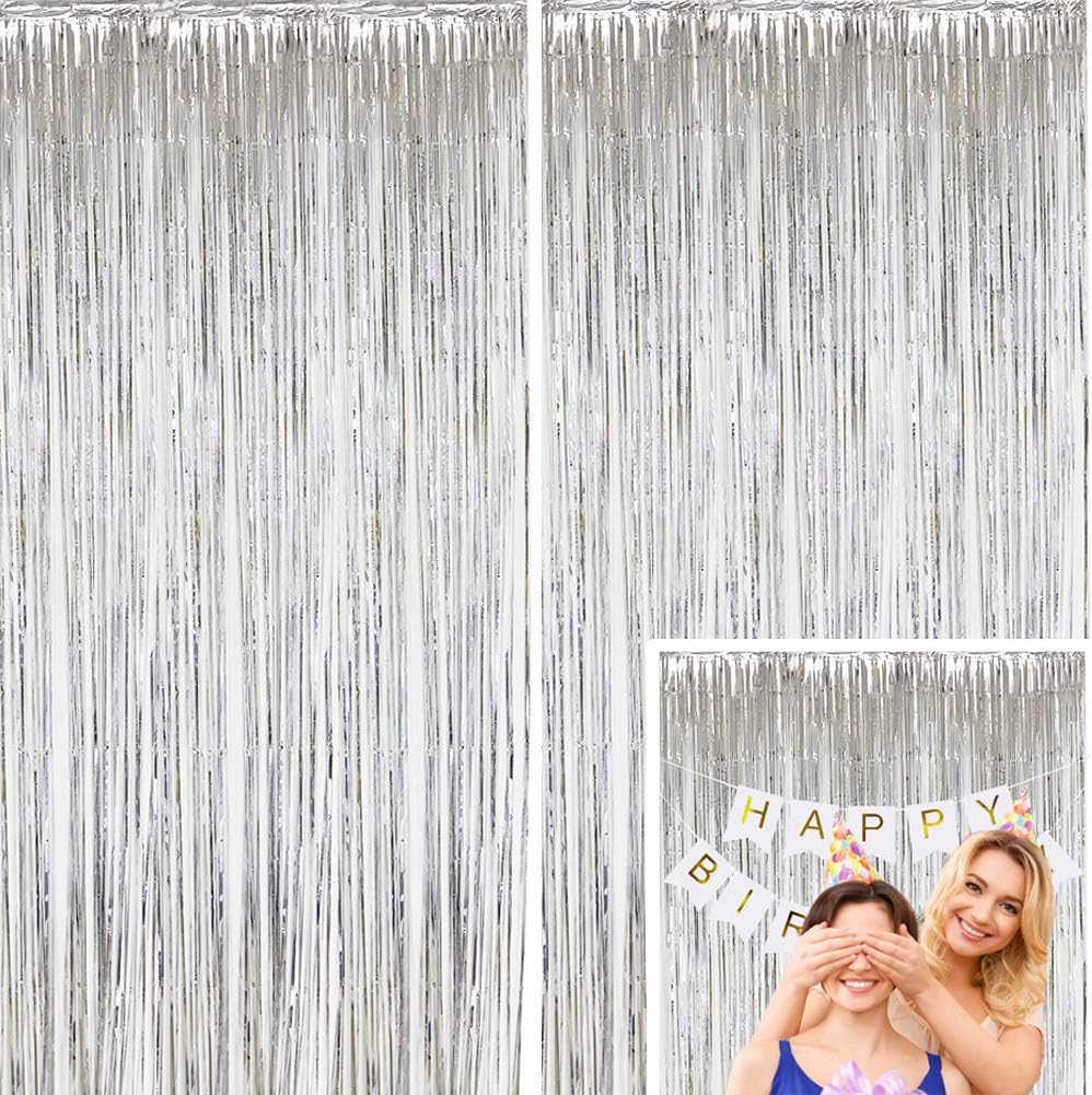 Moohome 2 Pack 3ft x 8ft Silver Foil Curtains Metallic Tinsel Fringe Curtains Shimmer Door Window Curtain Backdrop for Birthday Wedding Bridal Shower Photo Booth Party Decorations