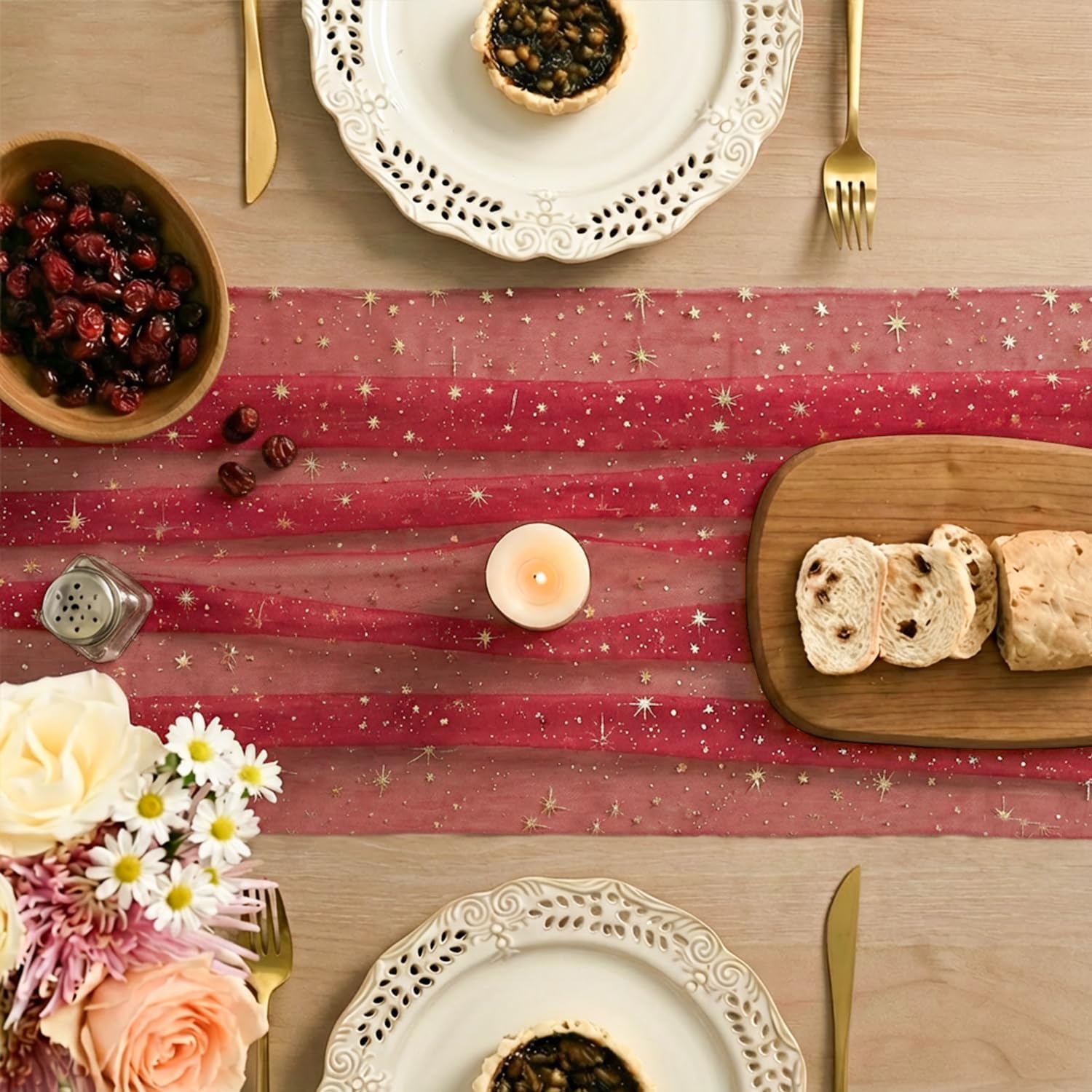 Artoid Mode Gold Stars Red Gauze Table Runner 120 Inch 10FT, Reversible Glitter Sheer Dining Wedding Holiday Birthday Table Decor for Home Party