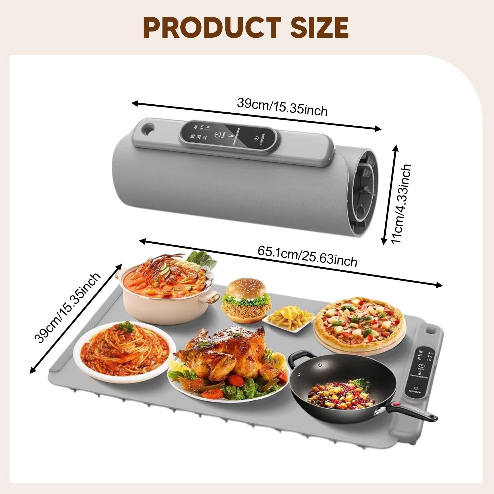 Bandeja Calefactora Eléctrica para Alimentos Alfombrilla Caliente de Silicona Flexible Control de Temperatura Ajustable Calienta Platos Portátil Fácil, Gris, Individual