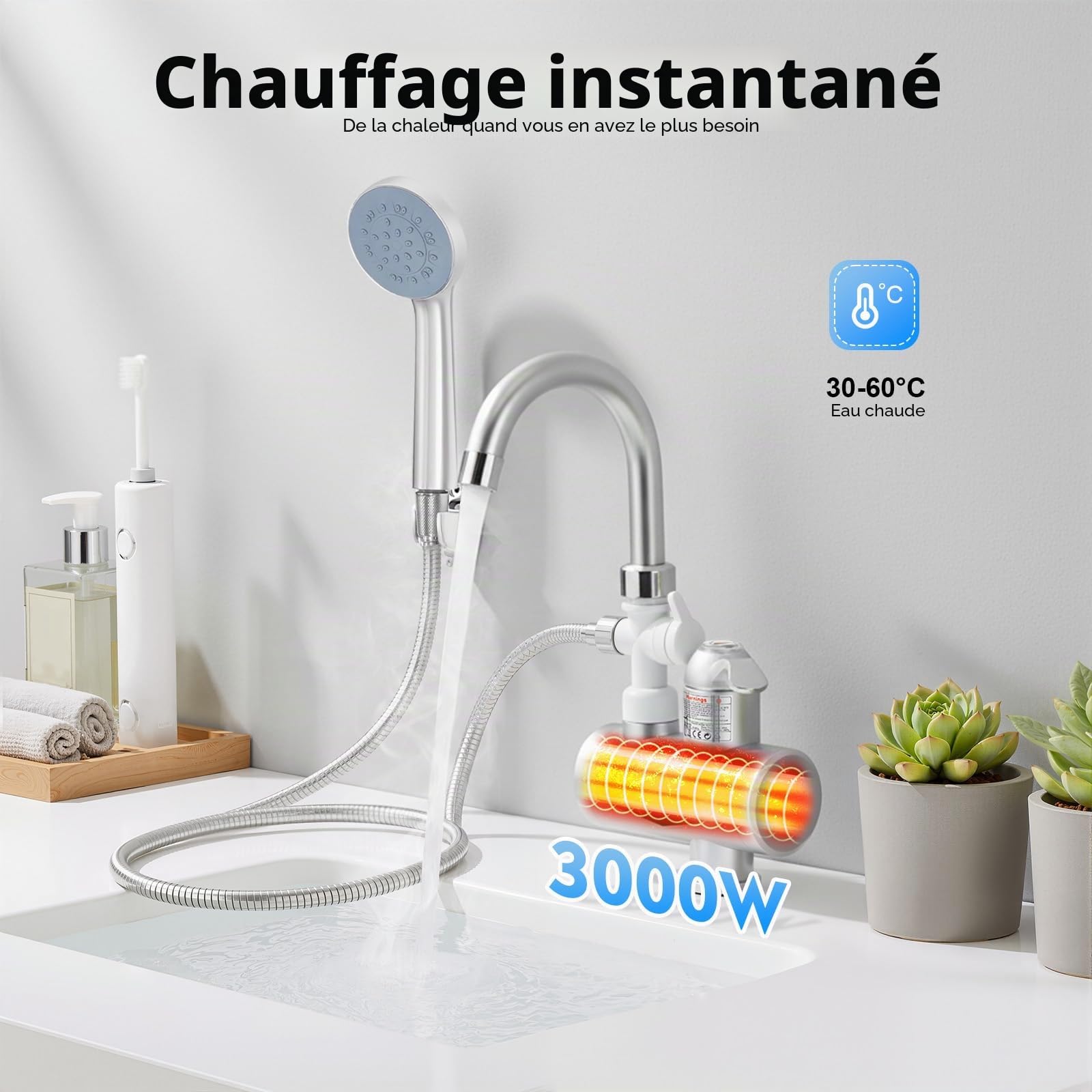 Robinet de chauffe-eau électrique, avec douche, eau chaude, pour baignoire et cuisine, pivotant à 360°, avec pommeau de douche et affichage LCD de la température, chauffe-eau instantané