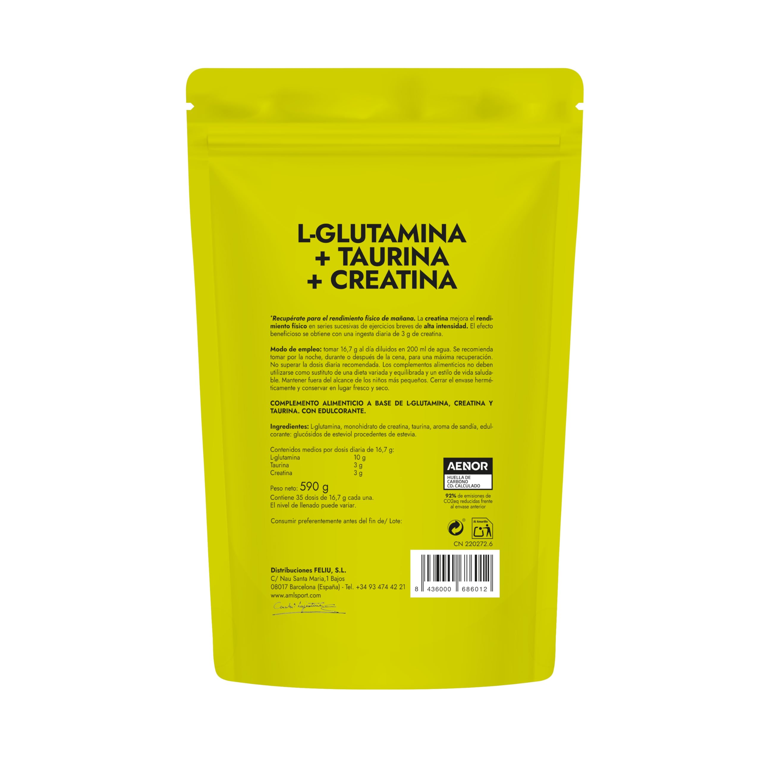 amlsport Ana Maria Lajusticia | L-Glutamina + Taurina + Creatina | Sabor Sandía | 590 Gr | Sin Gluten | Sin Lactosa | Apto para Veganos | Contribuye al Rendimiento Físico | Envase para 35 Días