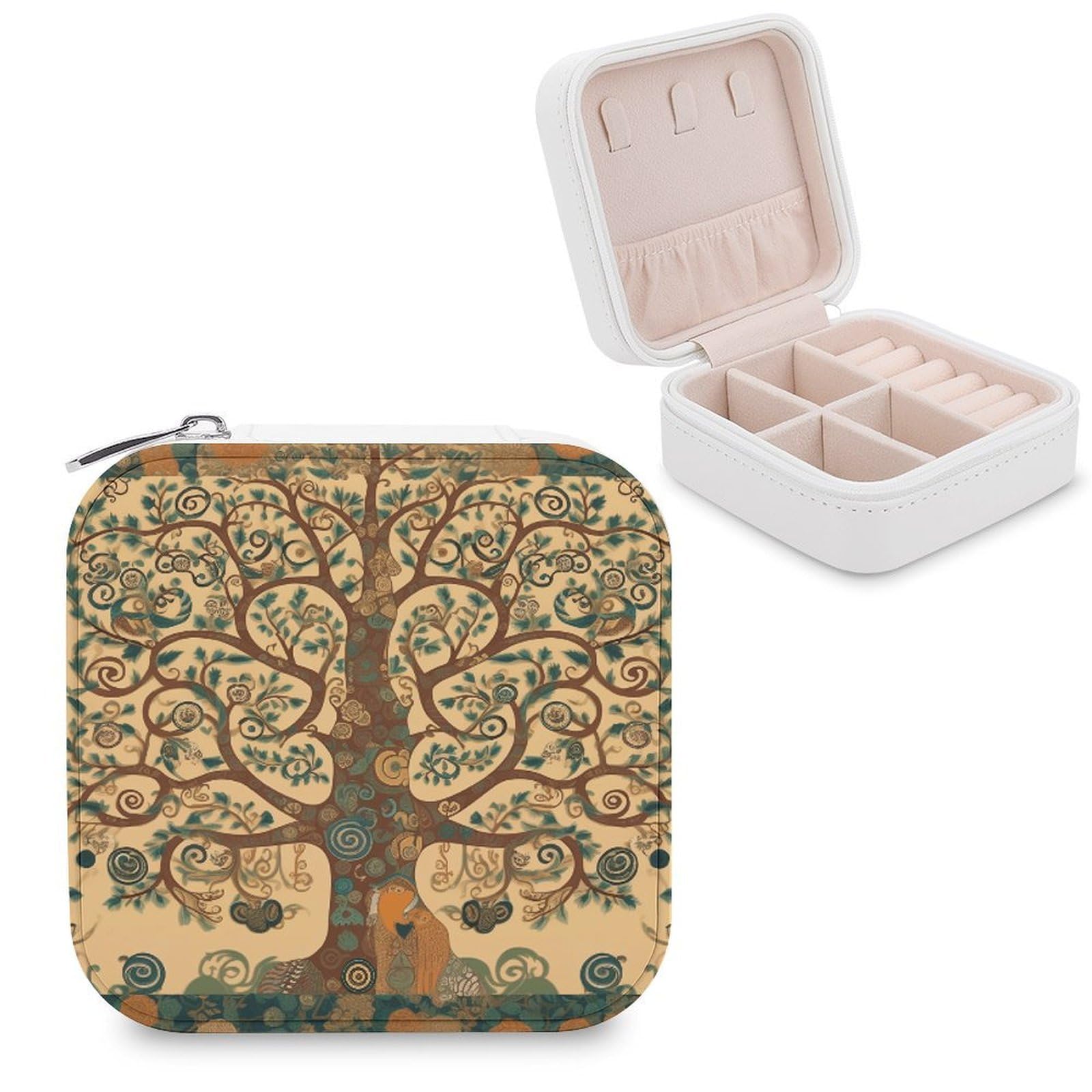 VstaDank Tree of Life Travel Jewelry Case Zipper Portable Small Jewelry Box Custom Pu Leather Mini Traveling Jewelry Organizer for Rings Earrings Necklace Bracelet Girls Women